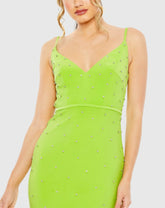 Green Rhinestone Embellished V-Neck Gown